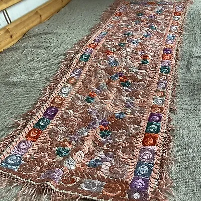 Antique Red Pink Purple Matyo Silk Big Embroidered Handmade Tapestry Tablecloth • $299