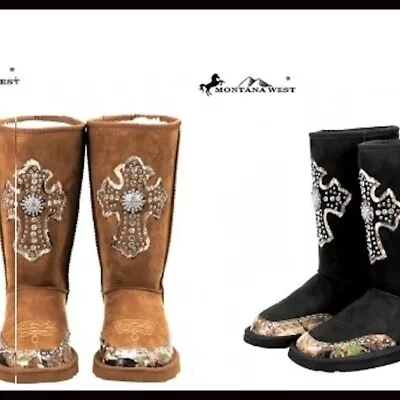 New BLACK Montana West Rhinestone Blingy Camoflauge Cross Boots WOMENS 6 7 • $29.99