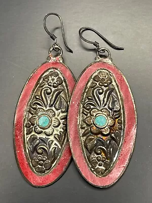 Antique Old Middle Eastern Brass Earring With Coral Stone • $80