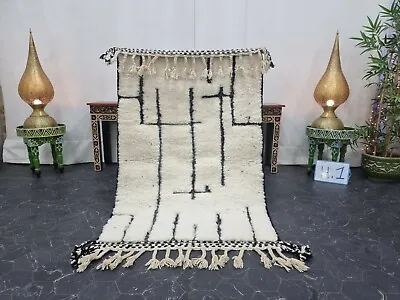 Moroccan Handmade Beni Ourain Rug 3'2''x 5' Berber Abstract White Black Carpet  • $300