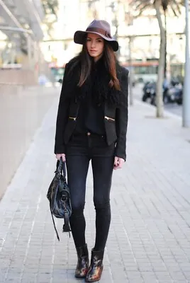 A814 Zara Woman Black Blazer Boucle Fantasy With Gold Zips Coat Jacket Large - L • $109.99