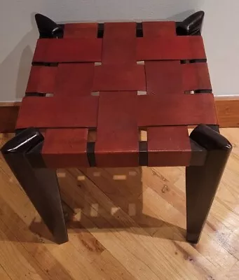 Mid-Century Beautiful Edmond Spence Wooven Leather Teak Stool • $999