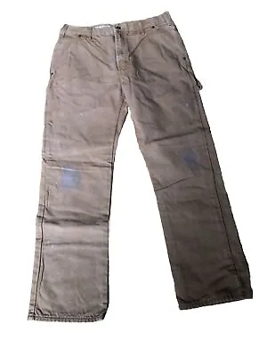 Dickies Relaxed Straight Fit Flannel Lined Carpenter Duck Jeans 34x32 Pants Tan • $24.99