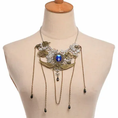 Vintage Steampunk Gear Wing Blue Crystal Alloy Chain Necklace Costume Jewelry • $11.35