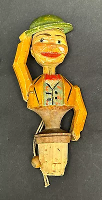 Vintage ANRI Wood Carved Bottle Stopper Man Tipping Green Hat • $15