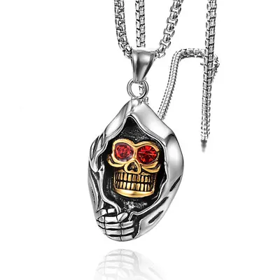 Mens Stainless Steel Gothic Reaper Skull Pendant Necklace Red Eye CZ • $1.94