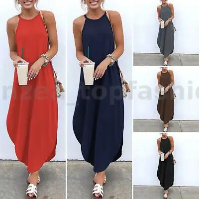 Womens Summer Shirt Dress Holiday Beach Sundress Cami Strap Maxi Long Slip Dress • $16.14