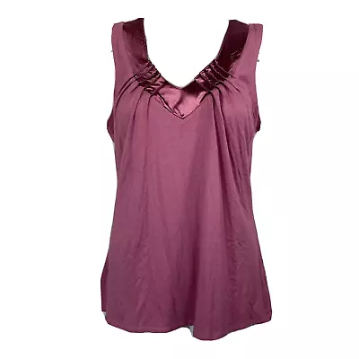 Riotto Tank Top Womens Sz M Pink Knit Satin V-Neck Pintuck Stretch Sleeveless • $14.25