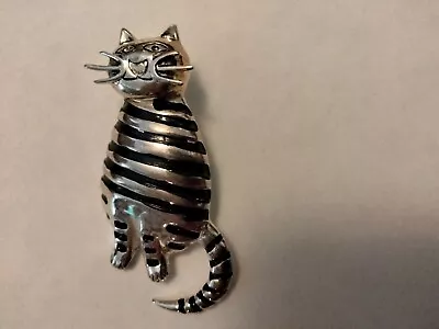 Vintage Black Enamel Stripped Cat Pin Broach Mae By BEST  2.25  X 1.25  • $9.99