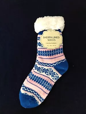 Sherpa Lined Slipper Socks W/Gripper Bottom - Fair Isle Blue Pink White • $11.95