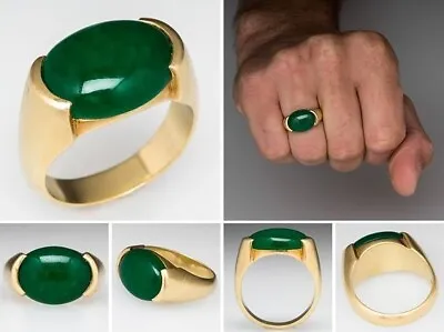 3 CT Oval Cut Natural Green Jade Men's Wedding Ring 14K Yellow Gold Plated • $206.66