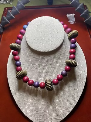 Vintage Bead Necklace Multicolor Pink Purple Chunky Wood 15” • $12
