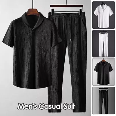 2Pcs/Set Mens Cotton Linen Walking Suit Short Sleeve Casual Loose Shirt&Pants • $21.99