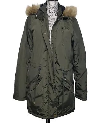 Mossimo Long Olive Green Winter Jacket LIned Removable Hood With Fur Trim Small • $25