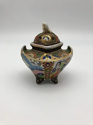 A Small Satsuma Japanese Incense Burner Hand Painted Footed & Lid 4.5 H C1930 • £5