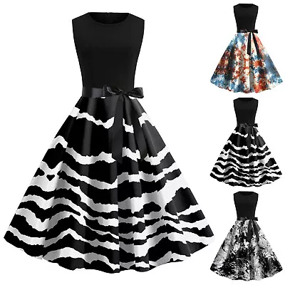 Womens Summer Round Neck Sleeveless Print Vintage Rockabilly Swing Dress • $32.38