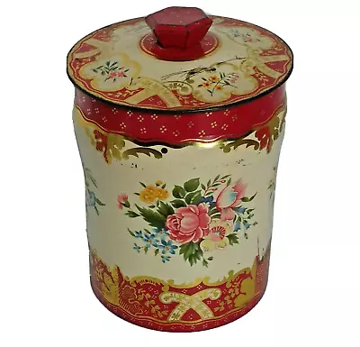 Vintage Tin W Lid George W Horner & Co Pink Red & Gold Floral Litho 7  England • $20.85