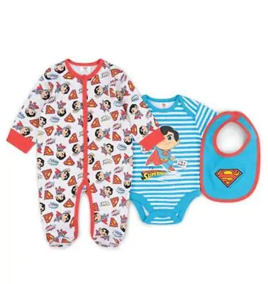 New Baby Boys Superman 3 Piece Sleepsuit Set Body Suit Bib 0-3-6-9 Months • £9.49