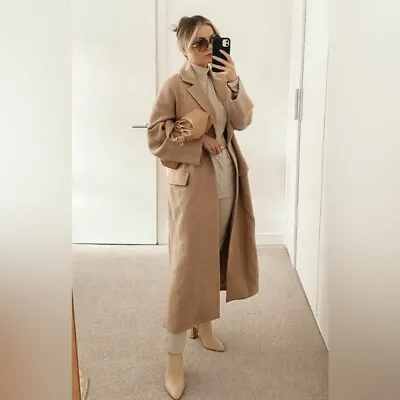 $75 • Buy Zara Wool Blend Beige Belted Long Trench Coat Size Small
