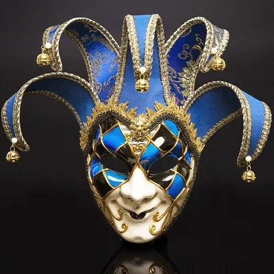 Full Face Men Venetian Theater Jester Joker Masquerade Mask Bells Mardi Gras • £28.79