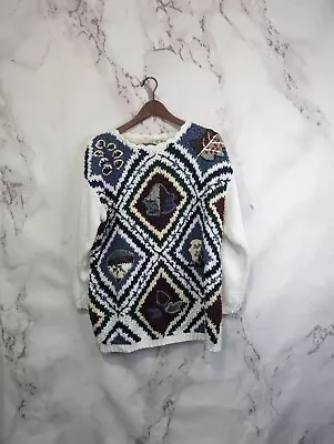 Vintage Sweater Women XL Leaf Nature Grandmacore Crochet Granny 90s Knit • $29.46