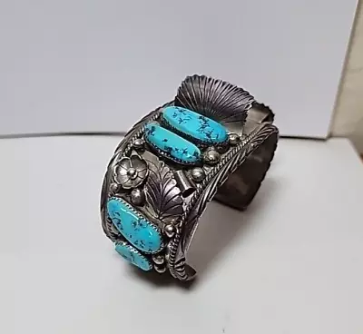 Handmade Sterling Silver Turquoise Stone Watch Cuff Bracelet 81.1 Grams JBDR • $227.54