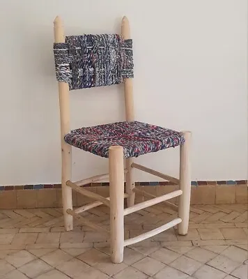 Artisanal Moroccan Chair In Laurel Wood Sitting In Boucherouite Kitchen Chairs • $140