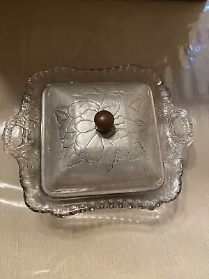 Vintage Square Glass Dish With Aluminum Lid With Floral Design • $38