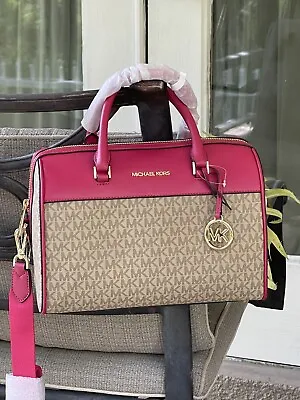 Michael Kors Travel Medium Duffle Satchel Shoulder Bag Bright Pink Leather Logo • $139.99