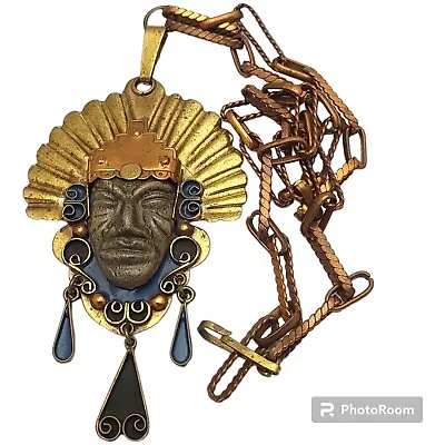 Large 1940 Diaz Santoyo MIxed Metals Mexico Aztec Shaman Face Necklace Pendant • $235