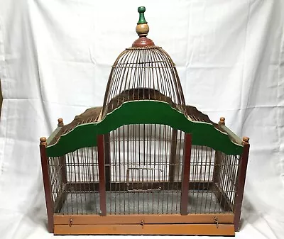 Vintage Wooden & Wire Bird Cage Castle Style 20.5  Long 24  High Metal Tray • $29.99