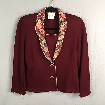 Vintage Nilani Sweater Women Small Burgundy Floral Collar Gold Braid Trim Office • $24.78