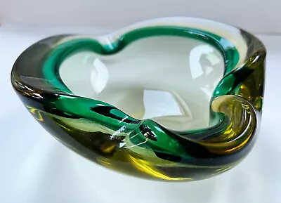 Vintage MURANO Green / Yellow SOMMERSO Fluted ART GLASS BOWL Ashtray • £18.50