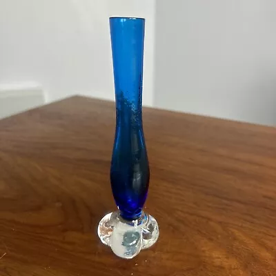 Vintage Cobalt Blue Glass Bud Vase Clear Heavy Base Murano Style • $24