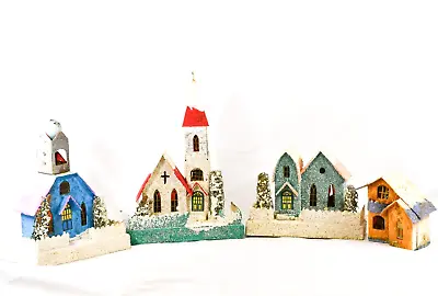 $40 • Buy PUTZ Vintage Christmas  Houses & Church LOT Of 4 - Cardboard ✅