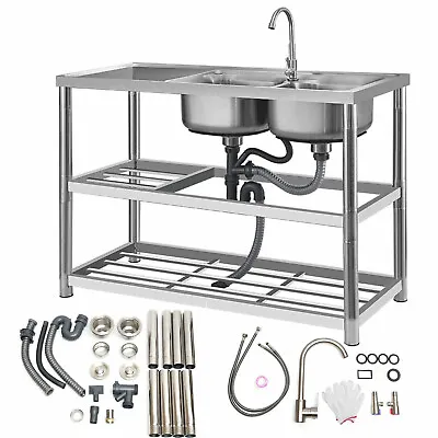 $299.12 • Buy Commercial Sink Stainless Steel  Kitchen Utility Sink 2 Compartment + Prep Table