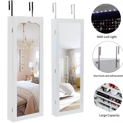 Jewelry Mirror Cabinet Organizer Armoire Wall Door Mounted Lockable W/ LED Light • $76.99