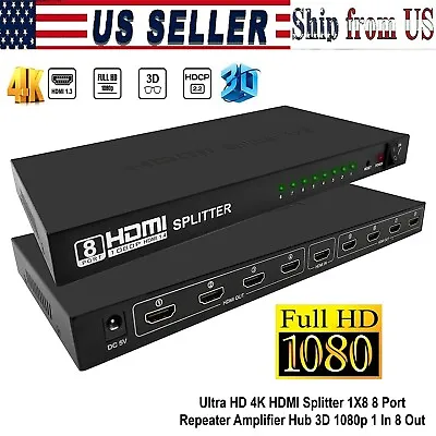 1x8 HDMI Splitter 1080P 8 Port HDMI Splitter Video Split 1 In 8 Output For HDTV • $34.99