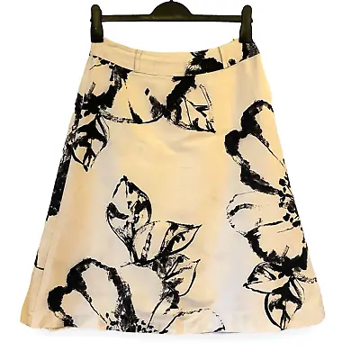 Coast Knee Length Skirt Ivory Cream Black Floral A-Line Silk Mix UK 10 Occassion • $9.95