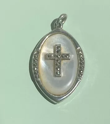 Vintage Sterling Silver Mother Of Pearl And Marcasite Cross Prayer's Pendant • $29.99