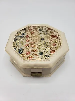 Vtg Octagon Travel Jewelry Box Ivory Attached Top Brocade Fabric Snap Closure  • $5.90