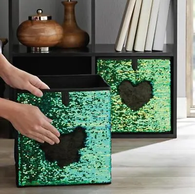 3 X Foldable Teal Sequin Canvas Storage Collapsible Folding Box Fabric Cube Toy • £11.45