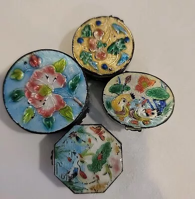 Lot Of 4 Vintage Silver Tone Cloisonne Enameled Pill Boxes Nature Theme China • $35