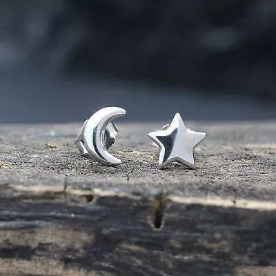 Asymmetry Symbol Moon Star Stud Earrings 14K White Gold Plated Sterling Silver • $34.49