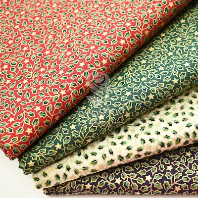 £4.20 • Buy Christmas Metallic Stars Holly Printed 100% Cotton Fabric - Fat Quarter Metre