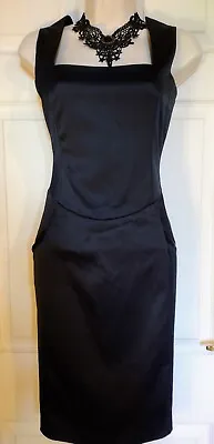 Retro 50s Pinup Style Lace Up Corset Back Black Satin Dress Sz 10 Occasion Party • £18