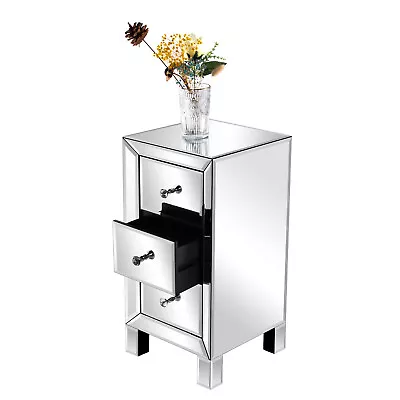 Mirrored Bedside Table Cabinet Glass Nightstand Crystal Knobs W/ 3 Drawer Silver • £120