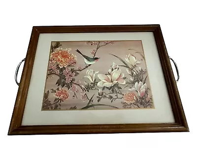 Vintage Pimpernel Wood Floral Bird Hostess Serving Tray Metal Handles 16.5” X 12 • $32