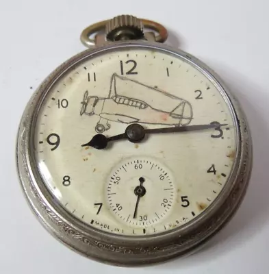 Antique Mens Pocket Watch Manual Wind With Drawing Airplane On The Dial • $37.80