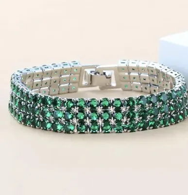£20.99 • Buy Green Emerald  Round   Triple Row Cuff Bracelet  925  Silver 7-8  FREE Gift Box